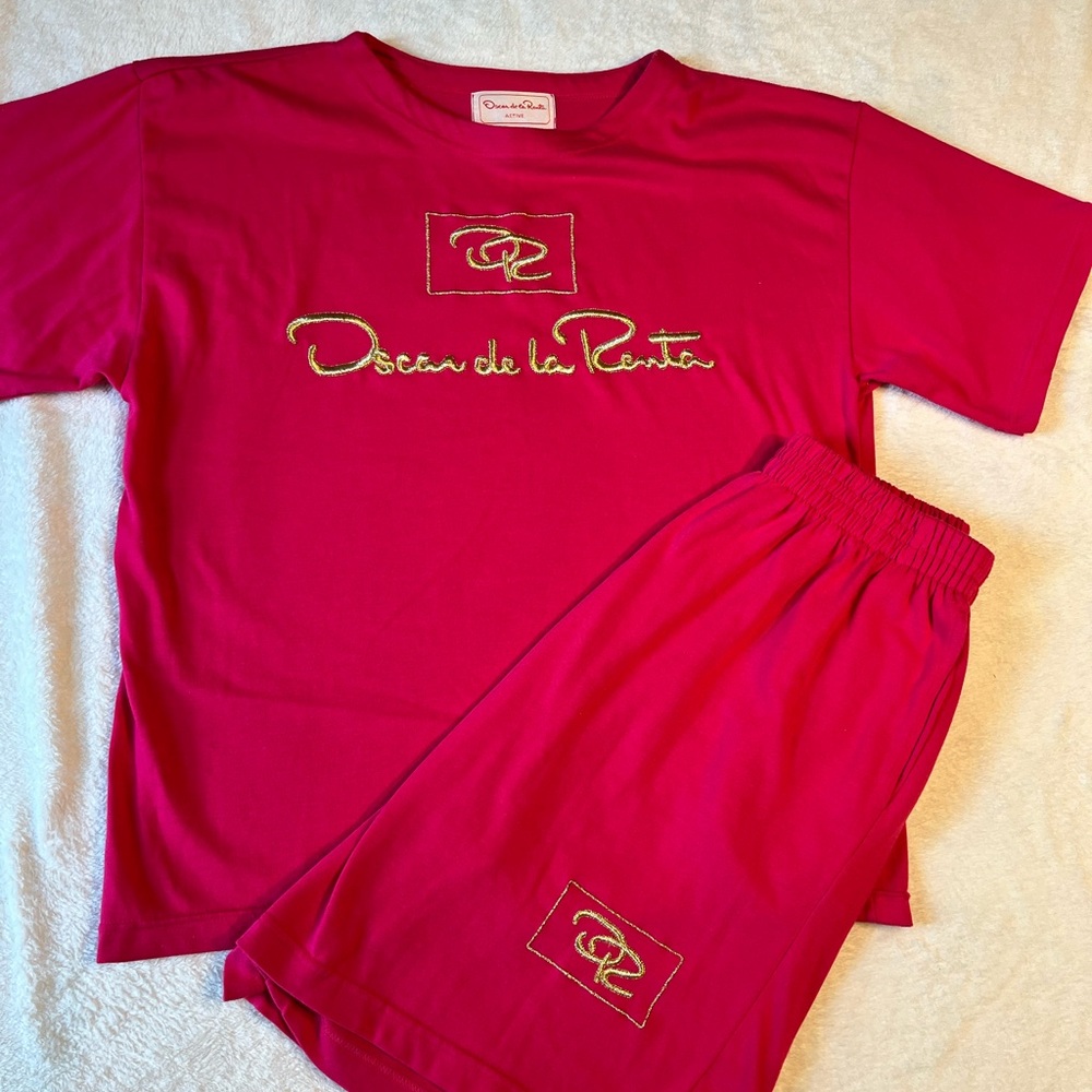 Oscar de la Renta Hot Pink Two-Piece Pajama Set with Gold Embroidery
